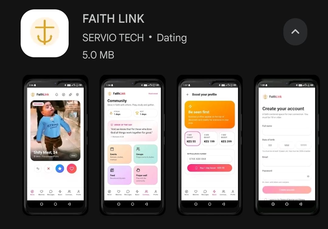 FaithLink Android app screens showing matches, community and profile boost