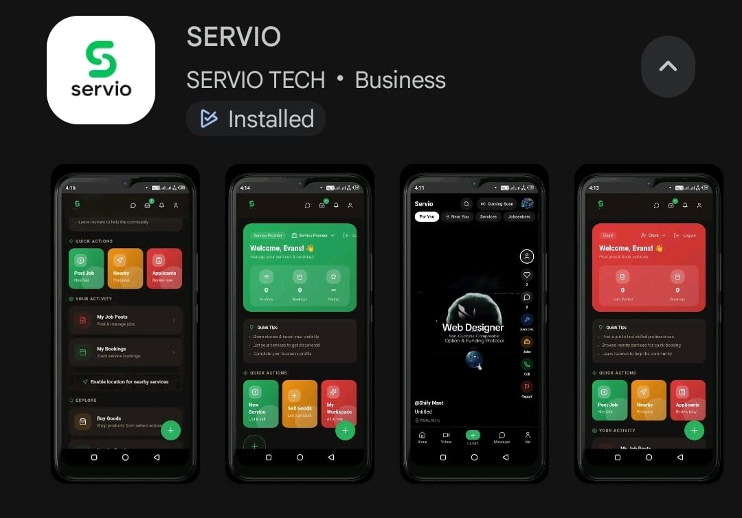 SERVIO Android app screens showing quick actions, bookings and marketplace