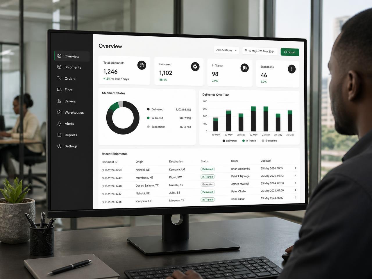 Logistics operations platform displayed on a desktop monitor